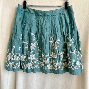 Talbots Woman Sage Green Ivory Embroidered Pleated Linen A-Line Skirt Size 20W